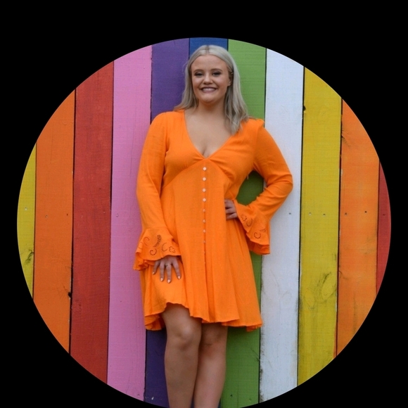 Chelsea & Violet Orange Y2K Babydoll Festival Bell Sleeves Button Up Tunic Sz M - Picture 5 of 10